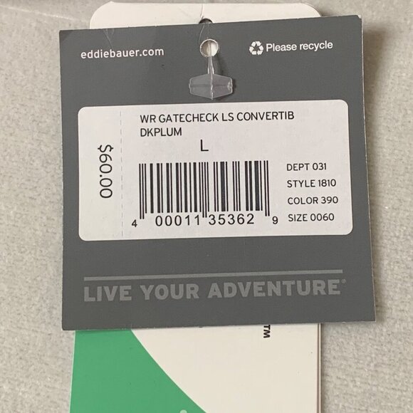 Eddie Bauer Women’s NWT Gate Check Long Sleeve Convertible Top Size L Dark Plum - Picture 3 of 6